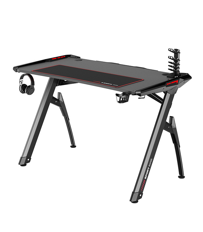 Ergonomic Gaming Desk R Shaped Computer Desk with RGB Lights, Mouse Pad, Cup Holder, Headphone Hook & Socket Box