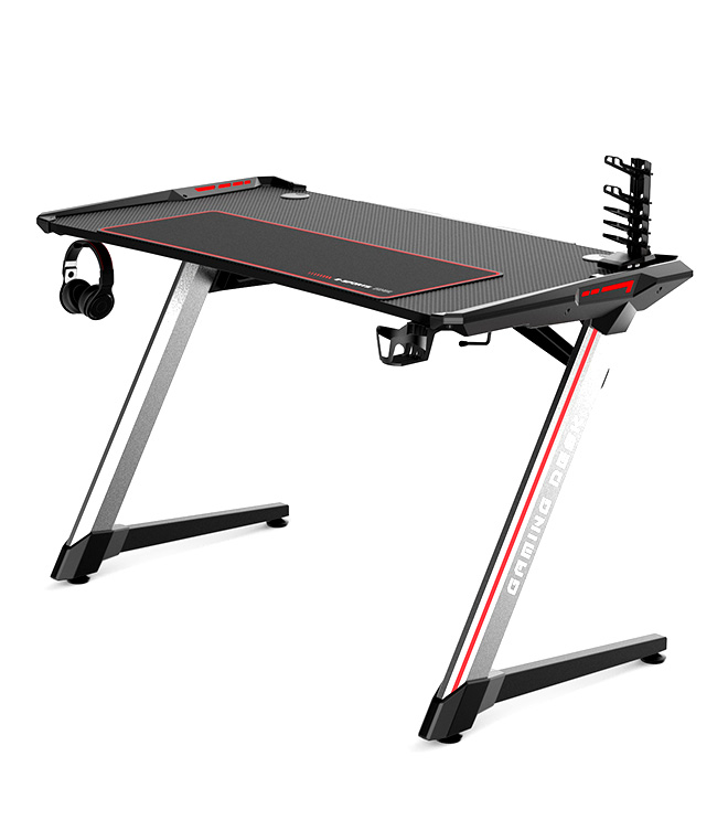 Z-shaped PC Computer Desk with RGB Lights and Mouse Pad Computer Workstation with Cup Holder, Headphone Hook& Socket Box