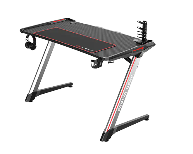 Z-shaped PC Computer Desk with RGB Lights and Mouse Pad Computer Workstation with Cup Holder, Headphone Hook& Socket Box