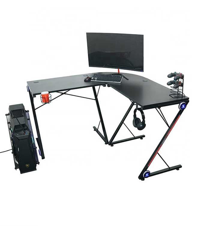 L-Shaped Corner Desk Computer Gaming Table with Blue Lighting   HJ009