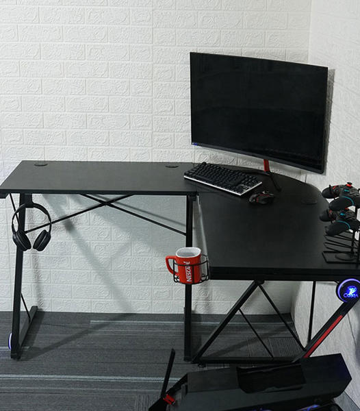 L-Shaped Corner Desk Computer Gaming Table with Blue Lighting   HJ009
