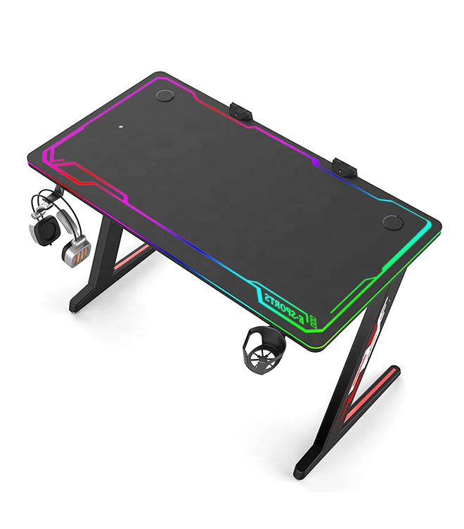 Custom Z-Shaped PC Gaming Table Computer Desk with Headset Hanger, Cup Holder and Socket Box  HJ011