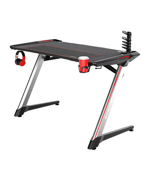 Amazon Hot Selling Z-Shaped Gaming Table Computer Desk with RGB Lights, Headphone Hanger and Cup Holder  HJ015